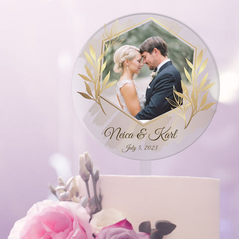 Golden Leaves Hexagon Frame Personalised Wedding Cake Topper