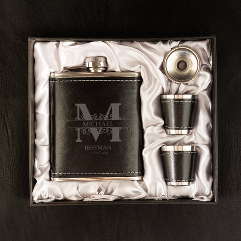 Groomsmen Initial Monogram Personalised Wedding Leather Flask - 4 Pieces Gift Set