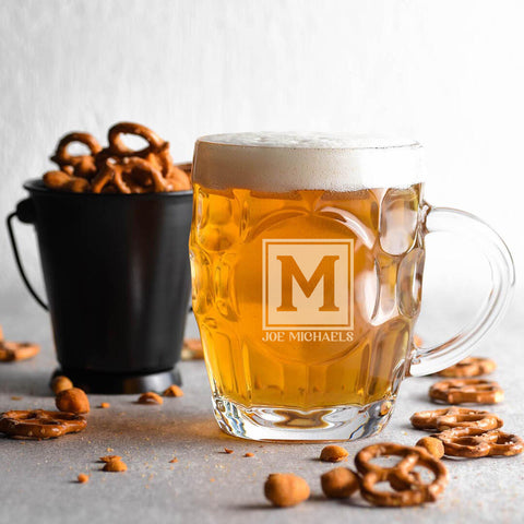 Square Monogram Personalised Engraved Beer Pint Mug Glass 570ml