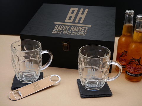 Manhattan Personalised Beer Mugs Gift Set in a wooden keepsake box