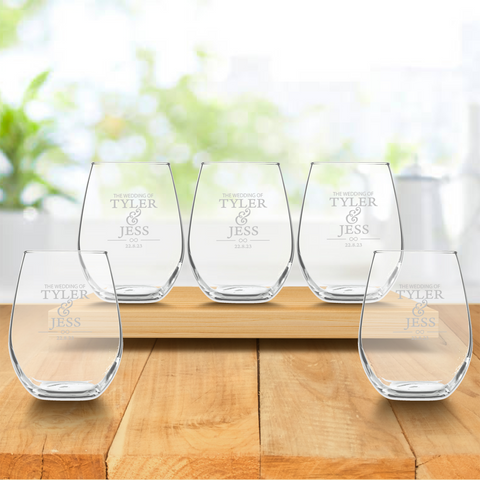 Wedding Bridal Party Stemless Wine Glass Gift Bundle - 5 Glasses