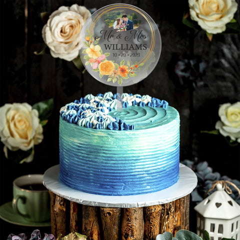 Golden Circle Floral Frame Personalised Wedding Cake Topper