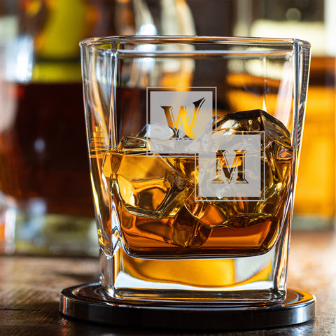personalised two square initials engraved whiskey glass