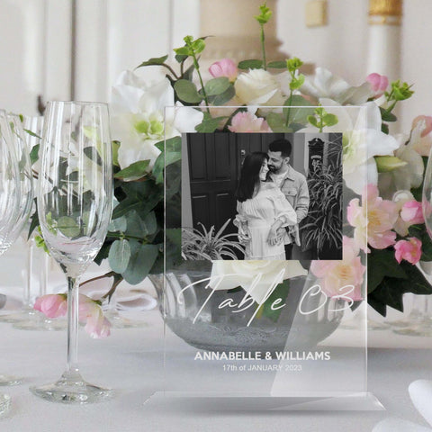 Elegant Wedding Table Number with Black and White Photo - Timeless, Personalised and Unique